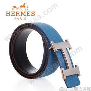 HERMES 0121 愛馬仕H字馬拉車拉絲銀間玫瑰金天藍色原版皮皮帶