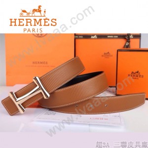 HERMES 0043 愛馬仕H字玫瑰金扣土黃色原版皮皮帶