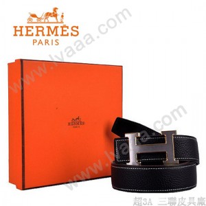 HERMES 009 愛馬仕H字銀色金邊扣黑色原版皮皮帶