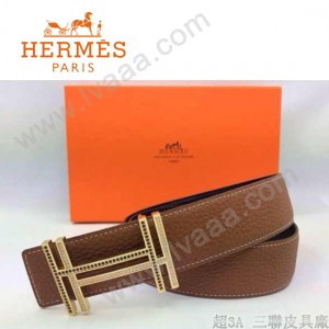 HERMES 0085 愛馬仕H字鑲黑白鑽金扣土黃色原版皮皮帶