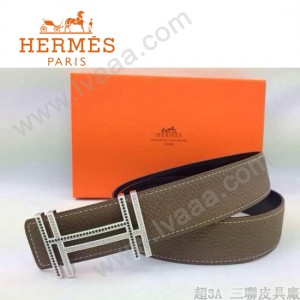 HERMES 0093 愛馬仕H字鑲黑白鉆金扣卡其色原版皮皮帶