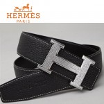 HERMES 0036 愛馬仕H字銀色鑲鑽扣黑色原版皮皮帶