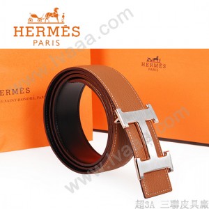 HERMES 0140 愛馬仕H字馬拉車拉絲銀間金扣土黃色原版皮皮帶