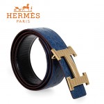 HERMES 0135 愛馬仕H字蜥蜴紋金扣藍色鴕鳥紋原版皮皮帶