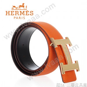 HERMES 0103 愛馬仕H字金扣橙色原版皮皮帶