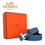 HERMES 006 愛馬仕H字銀色金邊扣藍色原版皮皮帶