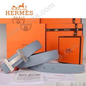 HERMES 0046 愛馬仕H字銀扣灰藍色原版皮皮帶
