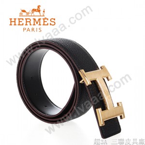 HERMES 0119 愛馬仕H字馬拉車拉絲金扣黑色原版皮皮帶
