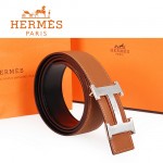 HERMES 0140 愛馬仕H字馬拉車拉絲銀間金扣土黃色原版皮皮帶