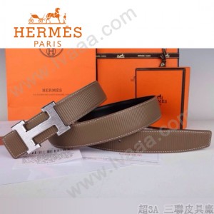 HERMES 0045 愛馬仕H字銀扣卡其色原版皮皮帶
