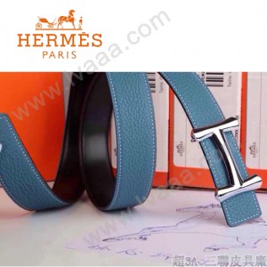 HERMES 0094 愛馬仕H字銀扣天藍色原版皮皮帶