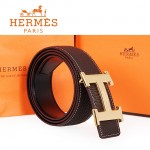 HERMES 0141 愛馬仕H字馬拉車拉絲金扣深咖色原版皮皮帶