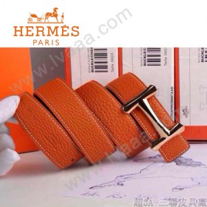 HERMES 0098 愛馬仕H字金扣橙色原版皮皮帶