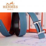 HERMES 0094 愛馬仕H字銀扣天藍色原版皮皮帶