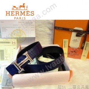 HERMES 0042 愛馬仕H字鑲鑽銀扣藍色鱷魚皮原版皮皮帶