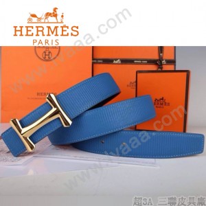 HERMES 0044 愛馬仕H字金扣藍色原版皮皮帶