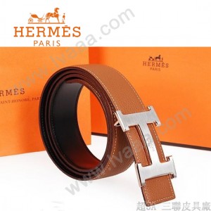 HERMES 0039 愛馬仕H字鋼馬拉車拉絲銀間玫瑰金扣土黃色原版皮皮帶