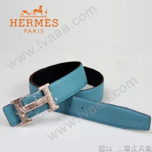 HERMES 0013 愛馬仕H字銀色蛇紋扣天藍色原版皮皮帶