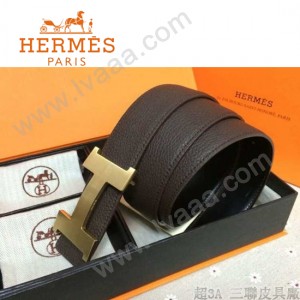 HERMES 0054 愛馬仕H字金扣深咖色原版皮皮帶