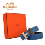 HERMES 007 愛馬仕H字金扣藍色原版皮皮帶