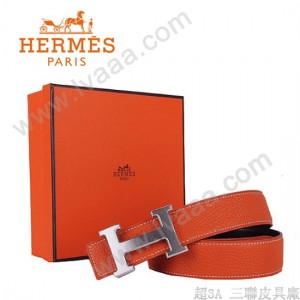 HERMES 0011 愛馬仕H字銀扣橙色原版皮皮帶
