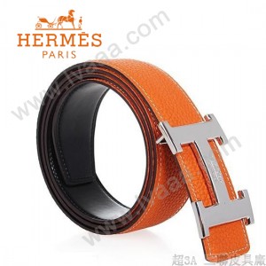HERMES 0040 愛馬仕H字馬拉車拉絲銀扣橙色原版皮皮帶