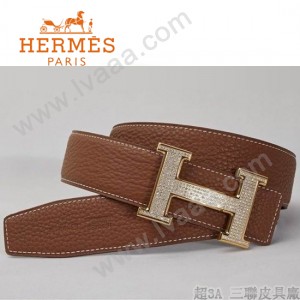 HERMES 0037 愛馬仕H字金色鑲鑽扣土黃色原版皮皮帶