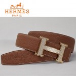 HERMES 0037 愛馬仕H字金色鑲鑽扣土黃色原版皮皮帶