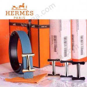 HERMES 0025 愛馬仕H字金扣天藍色原版皮皮帶