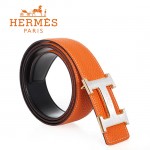 HERMES 0146 愛馬仕H字馬拉車拉絲銀間金扣橙色原版皮皮帶