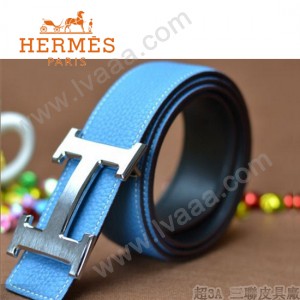 HERMES 0175 愛馬仕H字銀扣天藍色原版皮皮帶