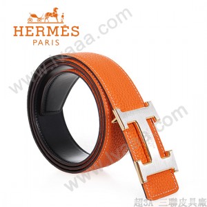 HERMES 0146 愛馬仕H字馬拉車拉絲銀間金扣橙色原版皮皮帶