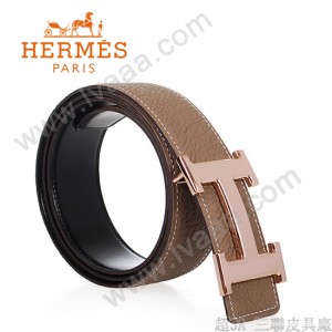 HERMES 0149 愛馬仕H字玫瑰金扣卡其色原版皮皮帶