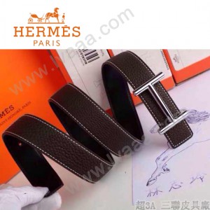 HERMES 0153 愛馬仕H字銀扣深咖色原版皮皮帶