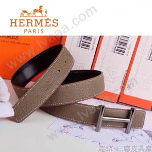 HERMES 0158 愛馬仕H字銀扣卡其色原版皮皮帶