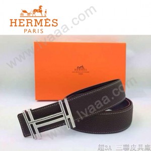 HERMES 0172 愛馬仕H字鑲黑白鑽銀扣深咖色原版皮皮帶