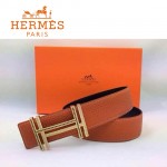 HERMES 0164 愛馬仕H字鑲黑白鑽金扣橙色原版皮皮帶