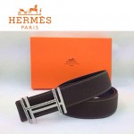 HERMES 0172 愛馬仕H字鑲黑白鑽銀扣深咖色原版皮皮帶