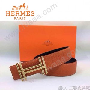 HERMES 0164 愛馬仕H字鑲黑白鑽金扣橙色原版皮皮帶