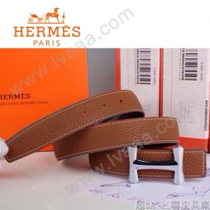 HERMES 0173 愛馬仕H字銀扣土黃色原版皮皮帶