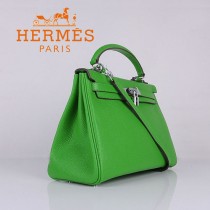 HERMES 6108-4 名媛女包 牛皮荔枝紋凱莉32CM果綠色銀扣單肩手提包