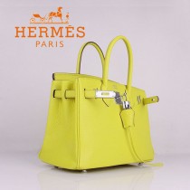 HERMES 6088-8 新款女包檸檬黃銀扣Birkin鉑金包30CM荔枝紋牛皮手提包
