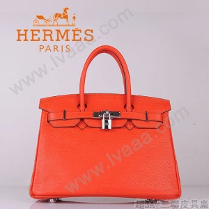 HERMES 6088-4 超人氣時尚明星女包 Brikin鉑金包 橙色銀扣荔枝紋 30cm女手提包