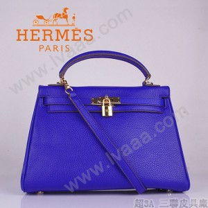 HERMES 6108 歐美高檔牛皮女包 Kelly凱莉手提包 電光藍金扣32CM荔枝紋單肩斜跨包