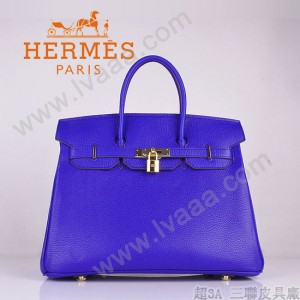 HERMES 6089-7 时尚流行女包 Birkin铂金包電光藍金扣荔枝纹35CM手提包