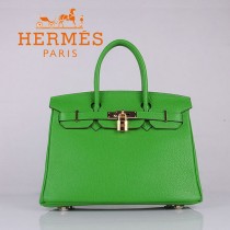 HERMES 6088-5 新款頭層牛皮Birbin柏金款30CM果綠色金扣荔枝紋手提包