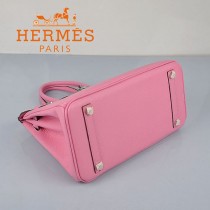 HERMES 6088-10 新款女包櫻花粉銀扣Birkin鉑金包30CM荔枝紋牛皮手提包