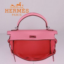 HERMES 6108-6 名媛女包 牛皮荔枝紋凱莉32CM櫻花粉銀扣單肩手提包