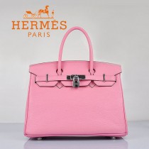 HERMES 6088-10 新款女包櫻花粉銀扣Birkin鉑金包30CM荔枝紋牛皮手提包