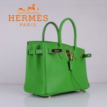 HERMES 6088-5 新款頭層牛皮Birbin柏金款30CM果綠色金扣荔枝紋手提包